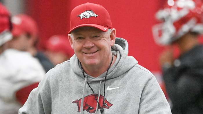 New Razorbacks offensive coordinator Bobby Petrino at practice Thursday